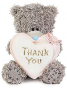 Сиво плюшено мече Me To You - Thank You, 10 см, с кръпки държи бяло сърце с надпис "Thank You" в златисто, розова рамка и панделка - идеален подарък "Благодаря" за специален човек.