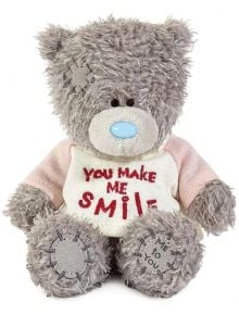 Плюшено мече Me To You - You Make Me Smile, 10 см, сиво с патета и син нос, бяла тениска с надпис "You Make Me Smile" в червено-идеален подарък за специален човек.