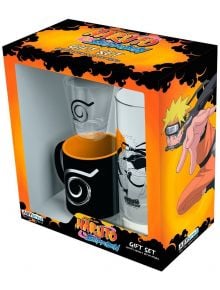 Подаръчен комплект ABYstyle Naruto Shippuden - Konoha Symbol включва чаша, стъклена чаша и шот с мотиви от Наруто в оранжева кутия с образа на Наруто Узумаки в действие отдясно.