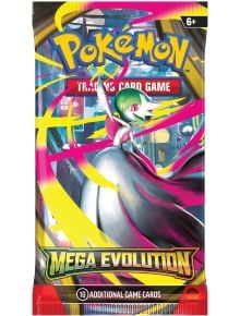 Бустерът Pokеmon TCG: Mega Evolution 01 е с Mega Gardevoir на корицата с цветни панделки, включва 10 допълнителни карти с покемони и е подходящ за деца от 6 години.