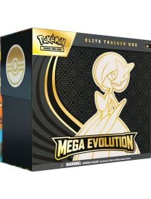 Кутията за елитни треньори Pokemon TCG: Mega Evolution 01 включва позлатен Mega Gardevoir на черен шарен фон, с удебелен текст "MEGA EVOLUTION" и марката Pokémon в горната част.
