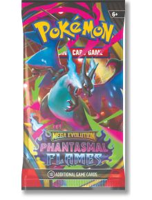 Бустерът Pokemon TCG: Mega Evolution Phantasmal Flames, асортимент, включва 10 карти и е с впечатляваща рисунка на Charizard. Смелият текст и огнените цветове го правят задължителен за феновете на възраст 6+.