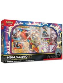Колекцията Pokemon TCG: November 2025 Mega Lucario ex Figure Collection включва карта Lucario ex, четири бустера, фигурка Lucario и карта с код в опаковка с рисунка на Mega Lucario ex и класическа марка Pokémon.