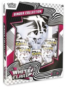 Кутия Pokémon TCG: Scarlet & Violet White Flare Binder Collection, включваща папка, ръкави за карти и бустер пакети. В опаковката са изобразени бял покемон и логото на Pokémon в ярки цветове.