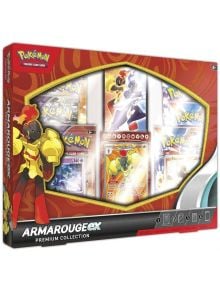 Преден изглед на кутията на Armarouge ex Premium Collection за Pokemon TCG, налична в книжарница Orange, с ярки червени и жълти опаковки с рисунки на Armarouge, тематични карти и бустер пакети.