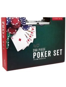 Покер комплект Professor Puzzle в алуминиево куфарче с 200 чипа съдържа покер чипове, карти с роял флъш купа и е подходящ за 2+ играчи над 16 години.