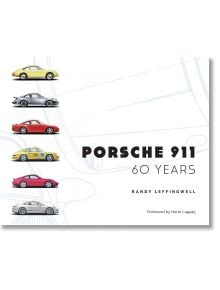 Корицата на книгата "60 години Porsche 911" включва странични илюстрации на шест спортни автомобила Porsche, подредени вертикално на минималистичен бял фон, с технически линейни рисунки, подчертаващи историята на Porsche 911.