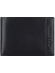 Черният портфейл Bugatti Romano има гладък финиш, вертикален релефен надпис Bugatti вдясно и предлага RFID защита за сигурност.