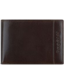 Затворен, кафяв портфейл Bugatti Romano от телешка кожа със сребрист надпис "bugatti" вертикално вдясно и RFID защита.