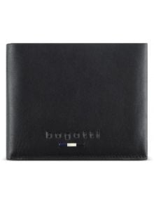 Стилен портфейл Bugatti Romeo от естествена кожа с логото на Bugatti отпред и правоъгълна декорация в синьо, бяло и черно под него.