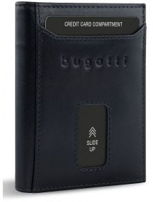 Черният портфейл Bugatti Secure Slim Special Zip Mini разполага с RFID защита, външен отдел за кредитни карти и прозорец SLIDE UP с указания нагоре.