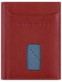 Bugatti Secure Slim Special Zip Mini портфейл от червена кожа предлага RFID защита, релефно лого, преден прорез и джоб от син плат с прозорче - идеален червен мъжки портфейл за ежедневна употреба.