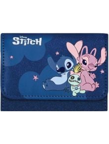 Син портмоне Seven Lilo & Stitch Starry Eyed с участието на Stitch, Angel и Scrump, седящи заедно на звезден фон с логото на Disney Stitch.