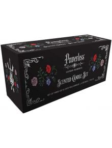 Правоъгълна черна кутия с декоративни флорални мотиви, с надпис „Powerless Trilogy Scented Glass Candle Set“ (комплект от 3). Този елегантен продукт от колекцията на Лорен Робъртс включва три свещи по 6 унции, изработени от соев и кокосов восък, като всяк