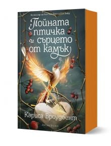 Книгата с оранжев гръб от книжарница Orange е със светеща птица върху клони, пълни с горски плодове. Заглавието Пойната птичка и сърцето от камък на Кариса Броудбент е изписано на български език на корицата.