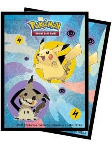 Два Pokémon протектора за карти Ultra Pro - Pikachu and Mimikyu, 65 бр., с цветен вихрен фон, светкавични и око символи и логото на Pokémon Trading Card Game отгоре.