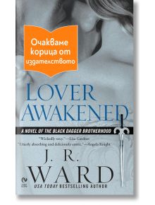 Корицата на Братството на черния кинжал, 3: Пробудена любов, ново издание е в сиви нюанси, със синьо заглавие, графика на меч и оранжев стикер на български език: Очакваме корица от издателството.