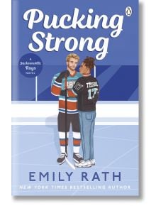 Корицата на книгата Pucking Strong показва двама хокеисти на ледена пързалка - единият в униформа и с брада, а другият с плитки, облечен в яке TEDRIK 17, който държи брадичката си - това е спортният роман от Емили Рат.