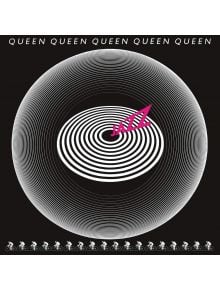 Обложката на албума The Queen - Jazz (VINYL) включва концентрични бели кръгове върху черен фон, смел розов надпис "JAZZ" в центъра, повторен надпис "QUEEN" в горната част и редица малки бели велосипеди в долната част - емблематична визия за това ремастери