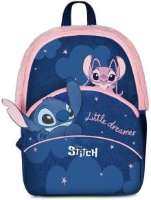 Раничка Seven Lilo & Stitch Starry Eyed е синьо-розова раничка със Стич и Ангел, шарки на звезди и облаци, текст "Little dreamer", преден джоб с цип, плюшена тапицерия и горна дръжка - идеална за всеки фен на Lilo & Stitch.