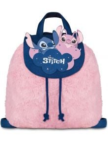 Розова чанта с шнур Seven Lilo & Stitch Starry Eyed с тъмносин капак, с изобразени Stitch и Angel на Disney сред облаци и думата "Stitch" в бяло.