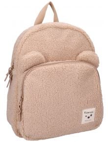 Светлокафява раничка за детска градина Vadobag Kidzroom Beary Excited с текстура като на плюшено мече и две малки кръгли ушички отгоре — идеална за малките, които обожават ранички с мечешки ушички. С преден джоб с цип и малка етикетка Kidzroom върху джоба