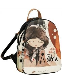 Стилна дамска Раница Anekke Alma 24 х 30 х 12 см с илюстрирано момиче с дълга тъмна коса, затворени очи, червена роза и надпис Dance with your alma, плюс ключодържатели висулки на ципа.