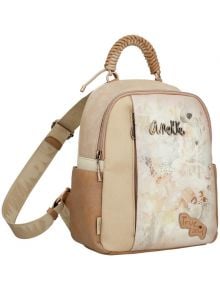 Стилна дамска раница Anekke Memories 25x30x12 см в бежово и кремаво с флоралeн преден джоб, декоративни шевове, въжена дръжка, регулируема презрамка и надписи "Истинският Аз", "Анеке" и "Спомени за Анеке" отпред.