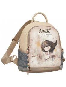 Раница Anekke Memories 29 х 31 х 14 см - дамска раница в бежово и сиво, със среден размер, предна илюстрация на момиче в рокля с артистични мотиви и надпис "Anekke Memories" и "Inspire future".