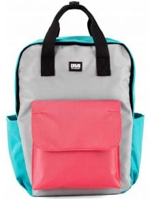 Стилна раница Bombata Urban Rio 16'' Celeste/Rosa с светлосив панел, яркотюркоазени страни и горна част, голям розов преден джоб и черни дръжки - идеална за лаптоп.