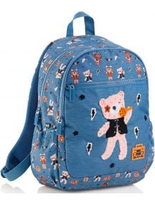 The Раница Miquelrius Rock Star с две отделения, 14 л, е синя детска раница от рециклиран полиестер с анимационни мечета и хартиени самолетчета, релефно розово мече отпред, цип и горна дръжка за удобно носене.