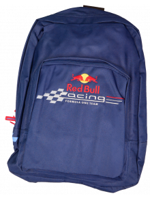 Синя раница на отбора на Red Bull Racing от Формула 1 с две отделения и преден джоб с логото на отбора и щампа с състезателен каре.