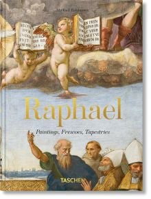 Корицата на "Raphael: Paintings, Frescoes, Tapestries, 45th Edition" представя изкуството на Висшия ренесанс с херувимчета, държащи отворени книги, и фигури на брадати мъже и епископи, напомнящи сцени от фреските на Рафаел във Ватикана.