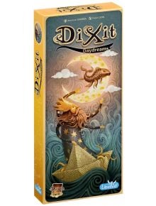 На изображението е показана корицата на Разширение за настолна игра Dixit: 5 Daydreams, на която е изобразена коронована брадата фигура в лодка, която се протяга към риба, прескачаща полумесец в причудлива нощна сцена.