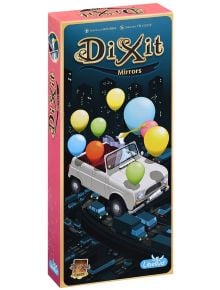 Кутията за Разширение за настолна игра Dixit: 10 огледала, илюстрирана от Себастиан Телески, изобразява бял автомобил, който се носи над нощна градска улица, издигнат от цветни балони и се плъзга по издигнат път над малки автомобили.