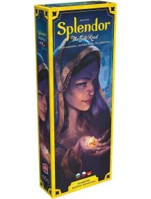Изображението показва кутията на Splendor: The Silk Road разширение за настолна игра, налична в книжарница Orange, с илюстрирана жена в синьо покривало, която държи в ръка светещ жълт скъпоценен камък в мистична атмосфера.