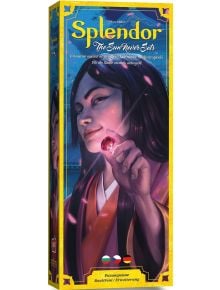 Обложка на кутията на Splendor The Sun Never Sets, разширение за настолна игра Splendor, с илюстрирана жена с тъмна коса, която спокойно държи червен скъпоценен камък на лилав и жълт фон. Предлага се в книжарница Orange.