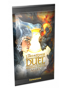 Опаковка от фолио разширение за настолна игра "Властелинът на пръстените": Дуел за Средната земя - Съюзници, с илюстрирани профили на брониран воин и огнено, зловещо създание един срещу друг.