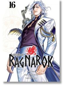 На корицата на Record of Ragnarok, Vol.16 е изобразен поразителен среброкос мъж в бяло-син костюм със златни акценти, който стои уверено сред епичната битка на богове срещу герои. Заглавието на поредицата и надписите са изведени на видно място.