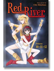 Корица в анимиран стил на Red River 3-in-1 Edition, Vol. 4 с блондинка и брюнетка в древно анадолско облекло с копия, застанали гръб към гръб; този романтичен фентъзи том събира томове 10, 11 и 12.
