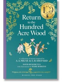 Корицата на книгата с твърди корици "Завръщане в Стоакровата гора" представя Пух, Прасчо, Тигър и Ийора на тиландски фон със златни листа и емблема на 100-годишнината в горния десен ъгъл.