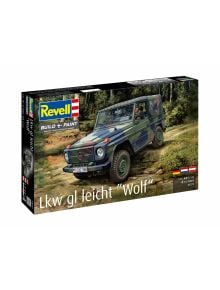 Кутия на модел на Revell: Сглобяем модел Revell - Камион Lkw gl Leicht "Wolf" с камуфлаж, Mercedes-Benz G-Class "Wolf" в гора, с немско и белгийско знаме.