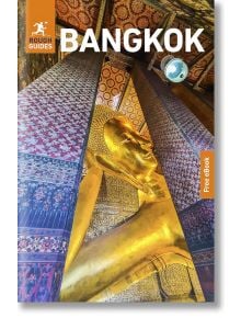 Корица на Rough Guides Bangkok: Пътеводител с електронна книга, показваща изглед от малък ъгъл на златния лежащ Буда сред богато украсен храм - идеален за независими пътешественици, които откриват скрити съкровища в Банкок.