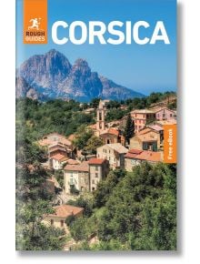 Корица на Rough Guides Corsica: Пътеводител с електронна книга, на която са изобразени село на хълм, църковна кула, теракотени покриви, зеленина и планини под ясно синьо небе - идеален източник за независими пътешественици, които търсят практически съвети