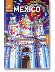 Корица на Rough Guides Mexico: На снимката е изобразена яркосиня и бяла църква, украсена с цветни знамена от папел пикадо под яркосиньо небе.