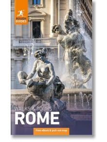 Корица на Rough Guides Walks and Tours Rome: на римски площад с детайлни каменни фигури на преден план на фона на пръски вода.
