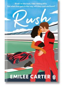 Корицата на книгата "Rush" изобразява двойка в червени състезателни костюми, прегърната до писта и червена състезателна кола, запечатала романтиката на моторните спортове и адреналина под синьото небе.