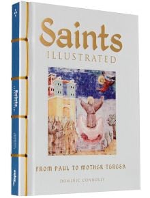 Корицата на Saints Illustrated включва илюстрация на католически светец, който се възкачва на небето, на фона на сгради и фигури в средновековен стил.