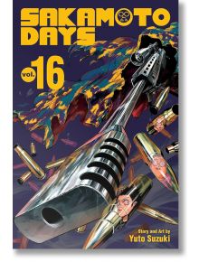 Корицата на „Sakamoto Days“, том 16, съчетава интензивна екшън-драма с наемни убийци и впечатляващи визуални ефекти – голям пистолет и летящи куршуми доминират в сцената, докато лицата на трима герои се отразяват в метала. Характерният стил прави тази ман