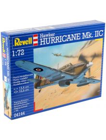 Сглобяем модел - Самолет Hawker Hurricane MK llC (1:72), в кутия с изображение на Втората световна война изтребител в полет, синьо-жълта рамка и фирмено лого - идеален за колекционери.